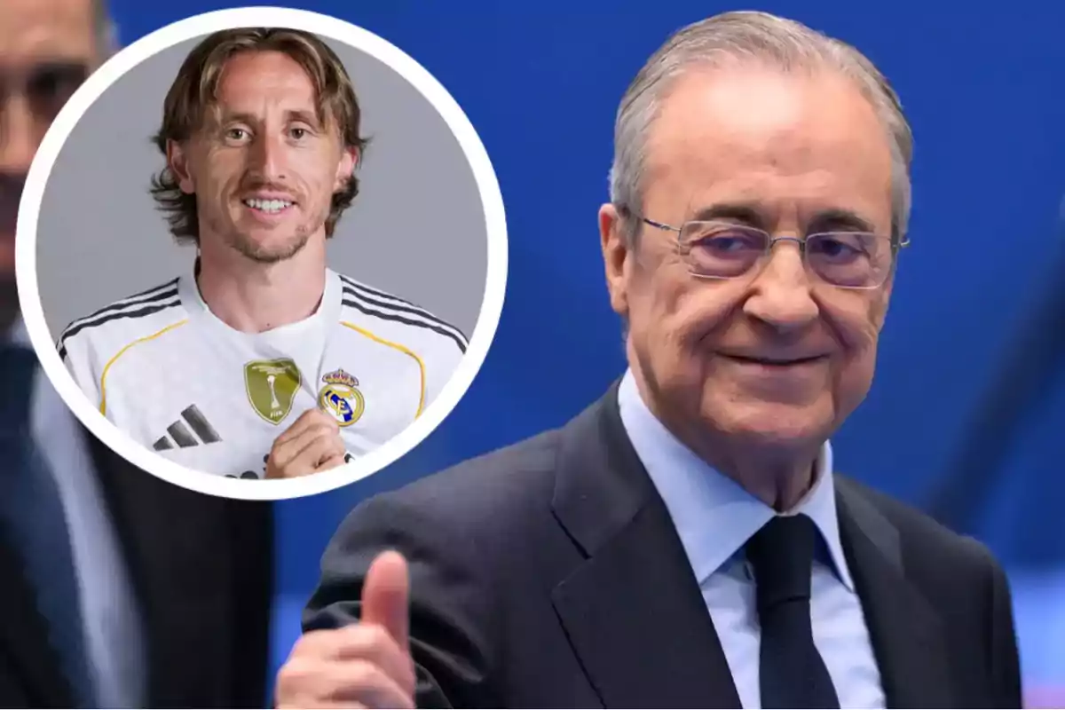 Hombre de traje sonriente haciendo un gesto de aprobación con el pulgar y en la esquina superior izquierda aparece un recuadro con un futbolista usando el uniforme del Real Madrid