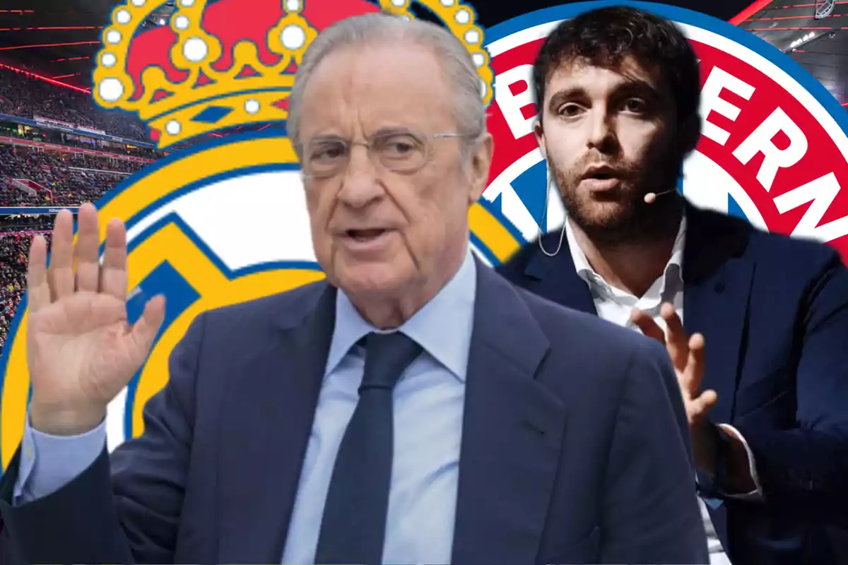 Two men in suits appear in front of the Real Madrid and Bayern Munich crests in a stadium full of spectators.