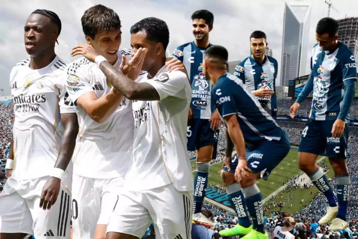 Soccer players from the teams Real Madrid and Pachuca pose and celebrate in a stadium full of fans during a daytime match.