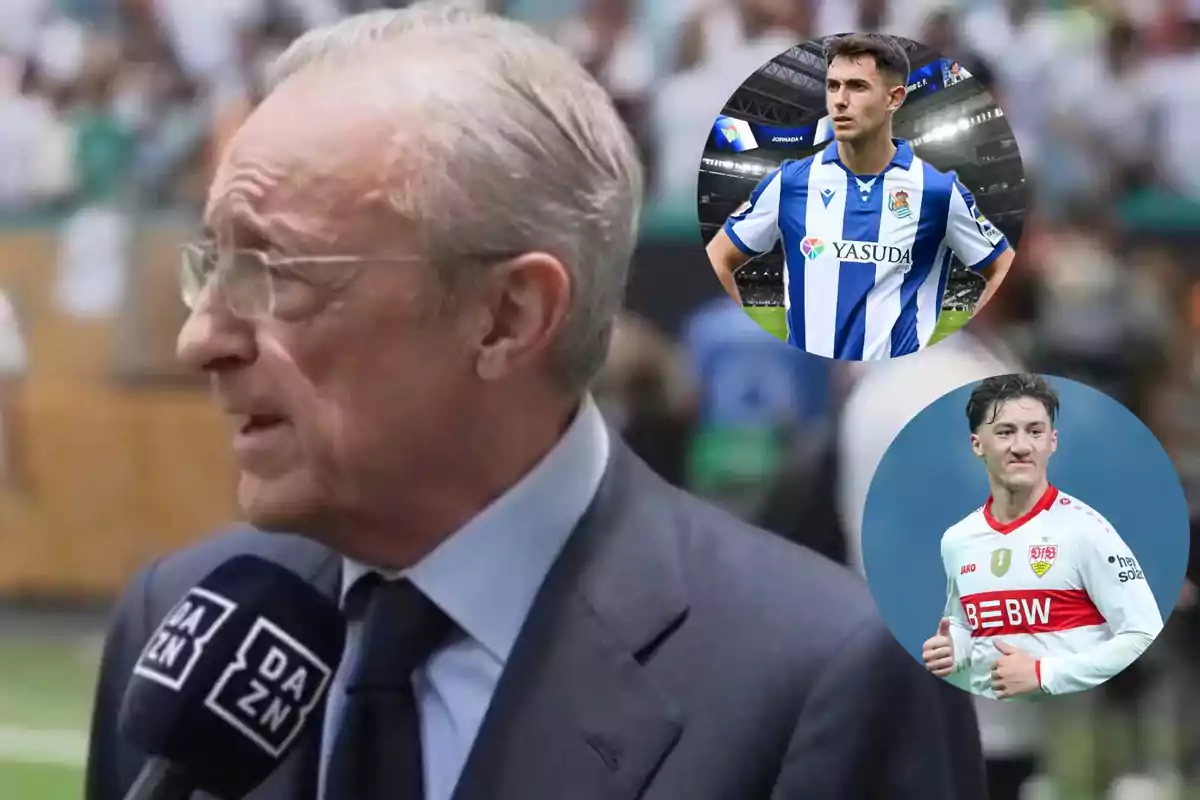 Hombre mayor con gafas y traje siendo entrevistado en un estadio mientras aparecen dos futbolistas en círculos, uno con uniforme azul y blanco y otro con uniforme blanco y rojo