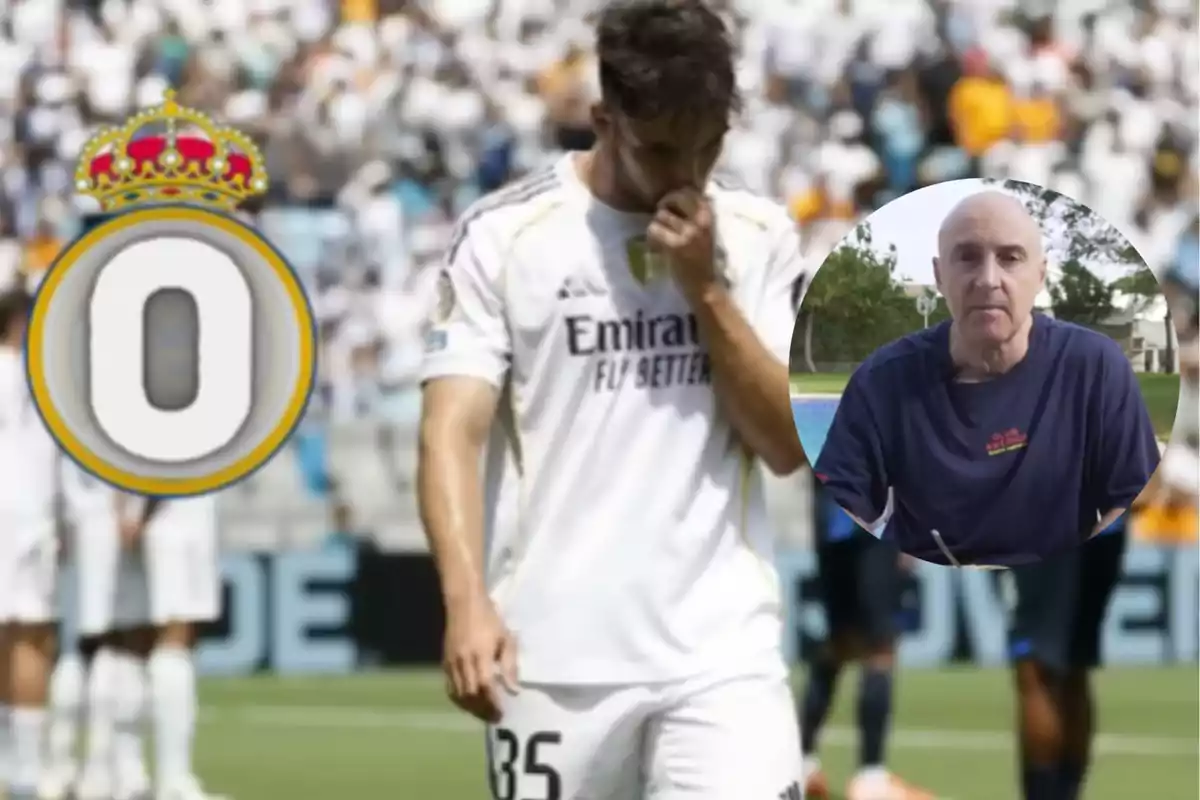 Real Madrid player downcast on the field with a score of zero and a bald man in a circular frame in the right corner