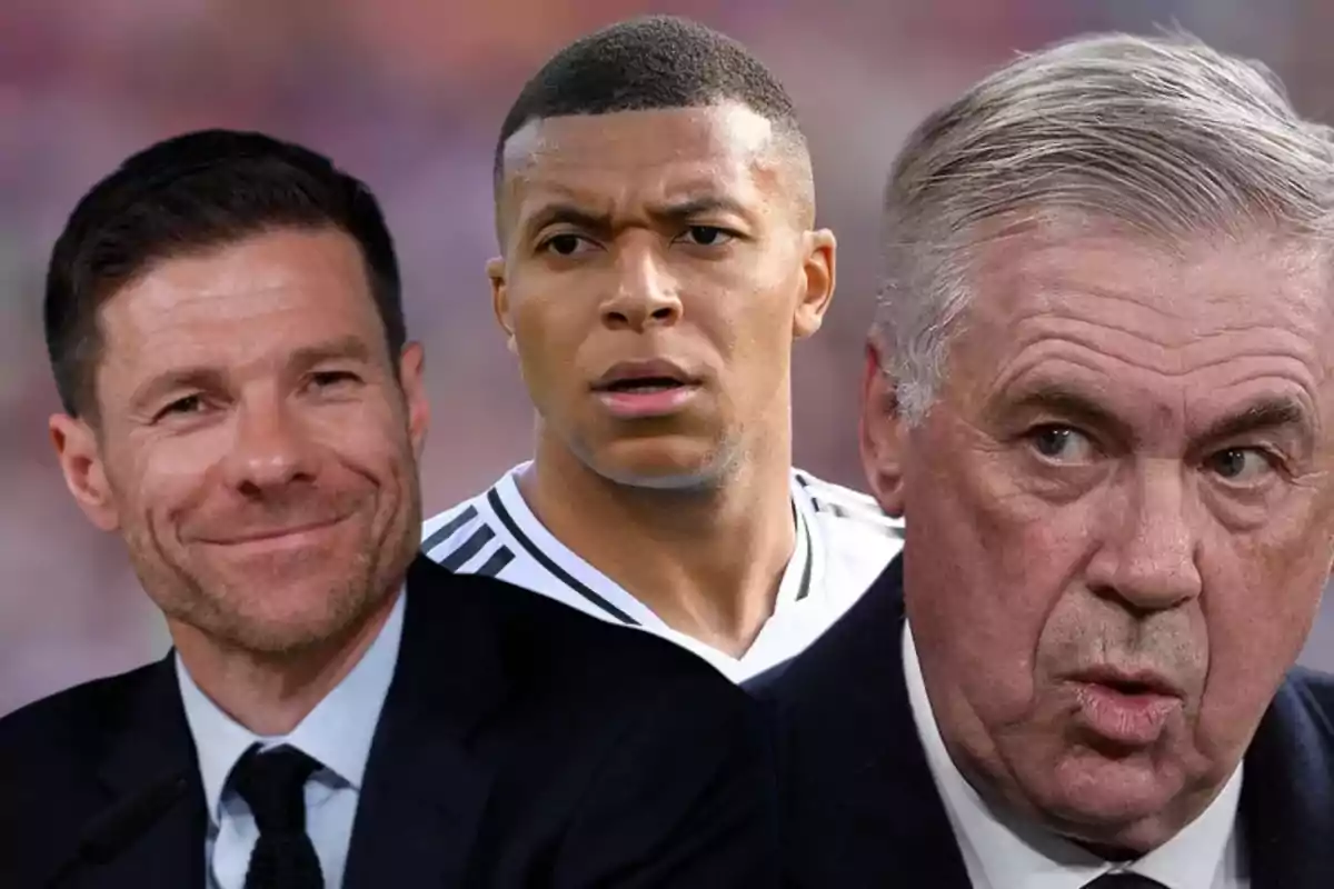 Three men appear in the foreground with different expressions and a blurred background.