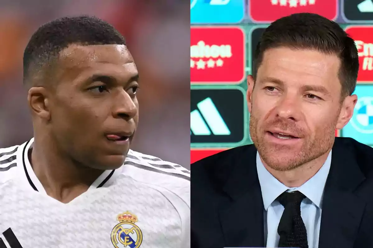 Two men, one wearing a Real Madrid soccer uniform and the other in a suit and tie at a press conference