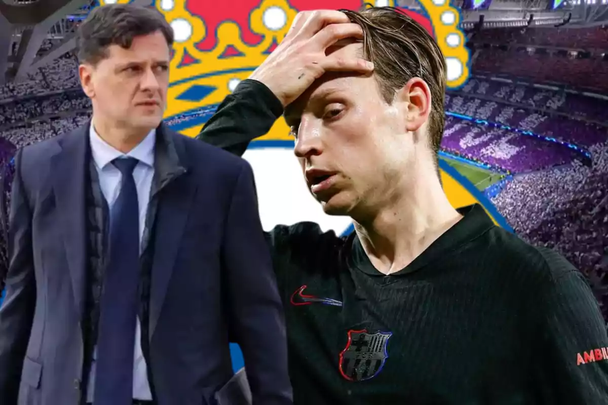 Dos hombres en primer plano, uno con traje y otro con uniforme deportivo del Barcelona, ambos con expresiones serias, al fondo un estadio lleno y un escudo grande.