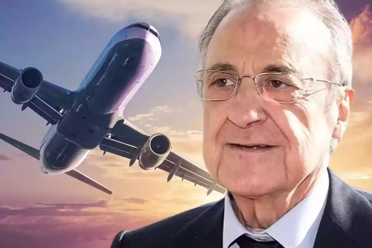 A plane flying in the sky at sunset with an older man with gray hair and glasses in the foreground.