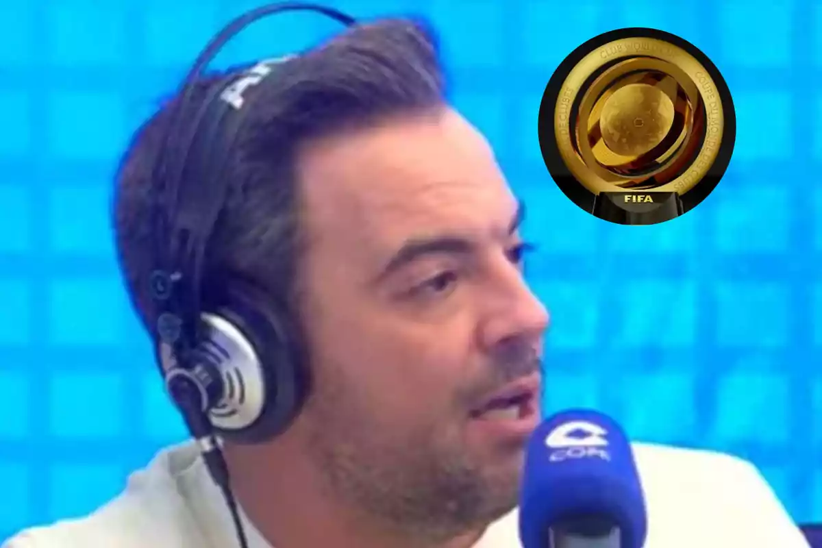 Man with headphones speaking in front of a blue microphone with a radio station logo and a golden FIFA trophy in the top right corner against a blue background.