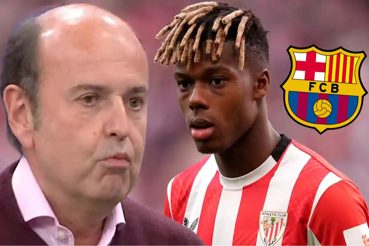 Un hombre de cabello corto y otro joven con camiseta del Athletic Club aparecen junto al escudo del FC Barcelona.