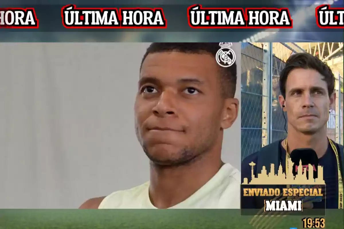 Pantalla de noticiero deportivo con la frase última hora en la parte superior, un jugador de fútbol en primer plano y un reportero transmitiendo desde Miami