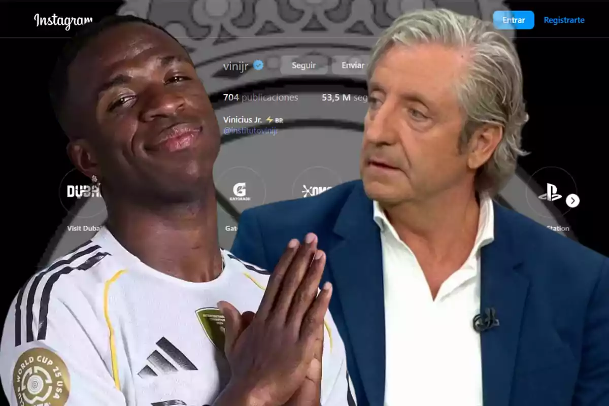 A player in a white jersey smiles and clasps his hands while a gray-haired man in a blue suit watches him, with a social media profile screen in the background.