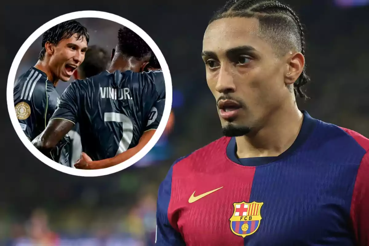 Futbolista del Barcelona en primer plano con una imagen circular de jugadores del Real Madrid celebrando en el fondo