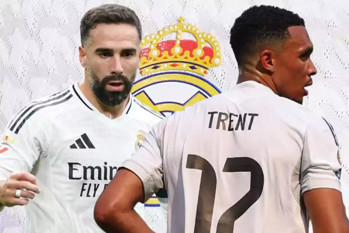 Two players in light uniforms in front of a Real Madrid crest