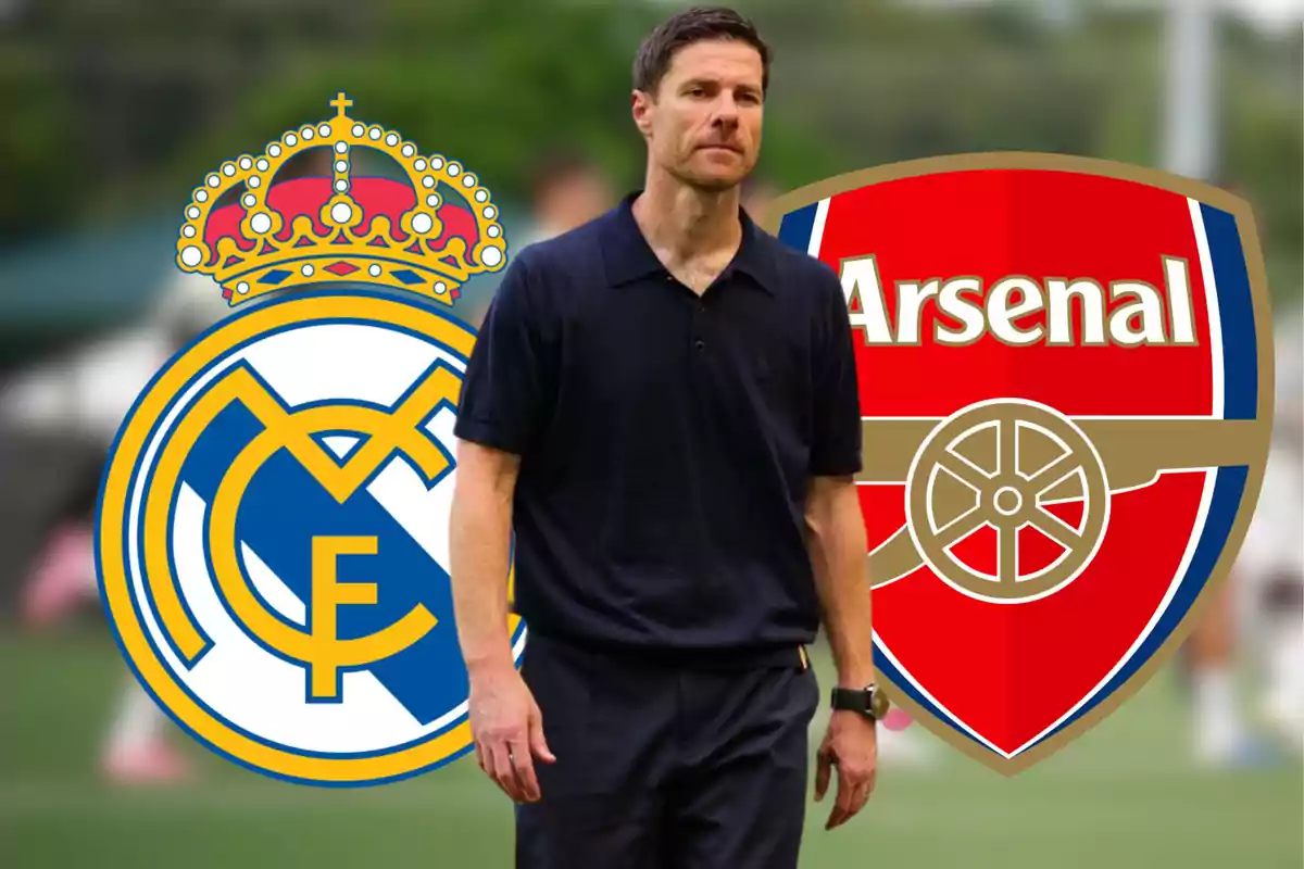 A man with a serious expression is standing in the foreground, while behind him appear the crests of the football teams Real Madrid and Arsenal.