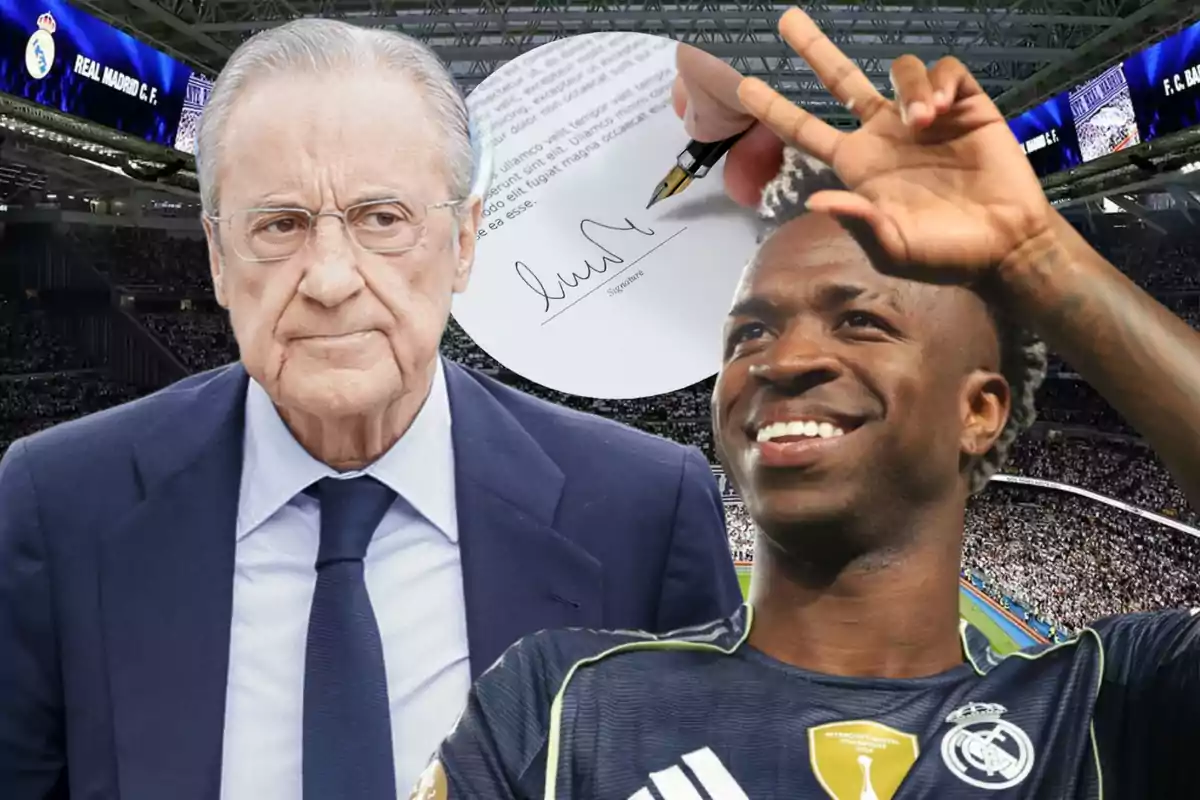 Dos personas relacionadas con el Real Madrid en un estadio lleno, una de ellas sonríe y hace un gesto con la mano mientras al fondo se observa una mano firmando un contrato.