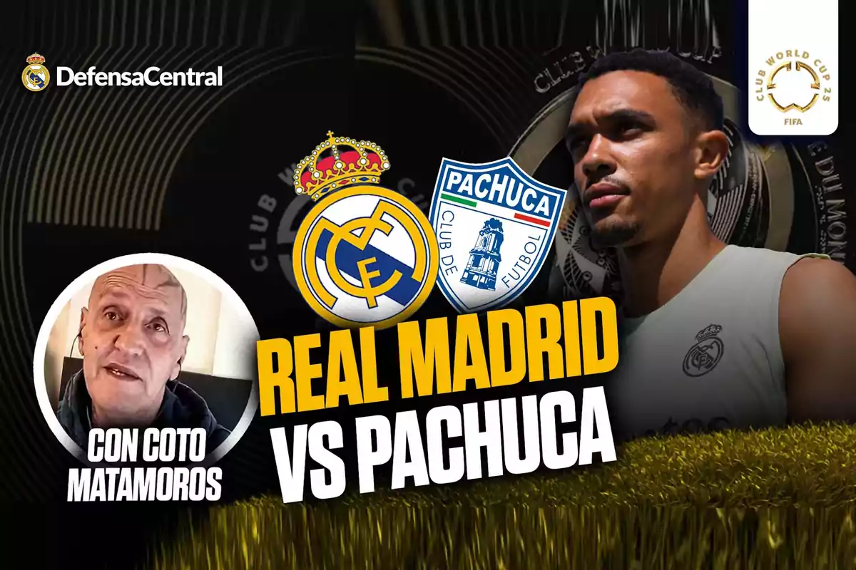 Imagen promocional de un partido entre Real Madrid y Pachuca con los escudos de ambos equipos, un jugador del Real Madrid, el logo del Mundial de Clubes y la presencia de Coto Matamoros