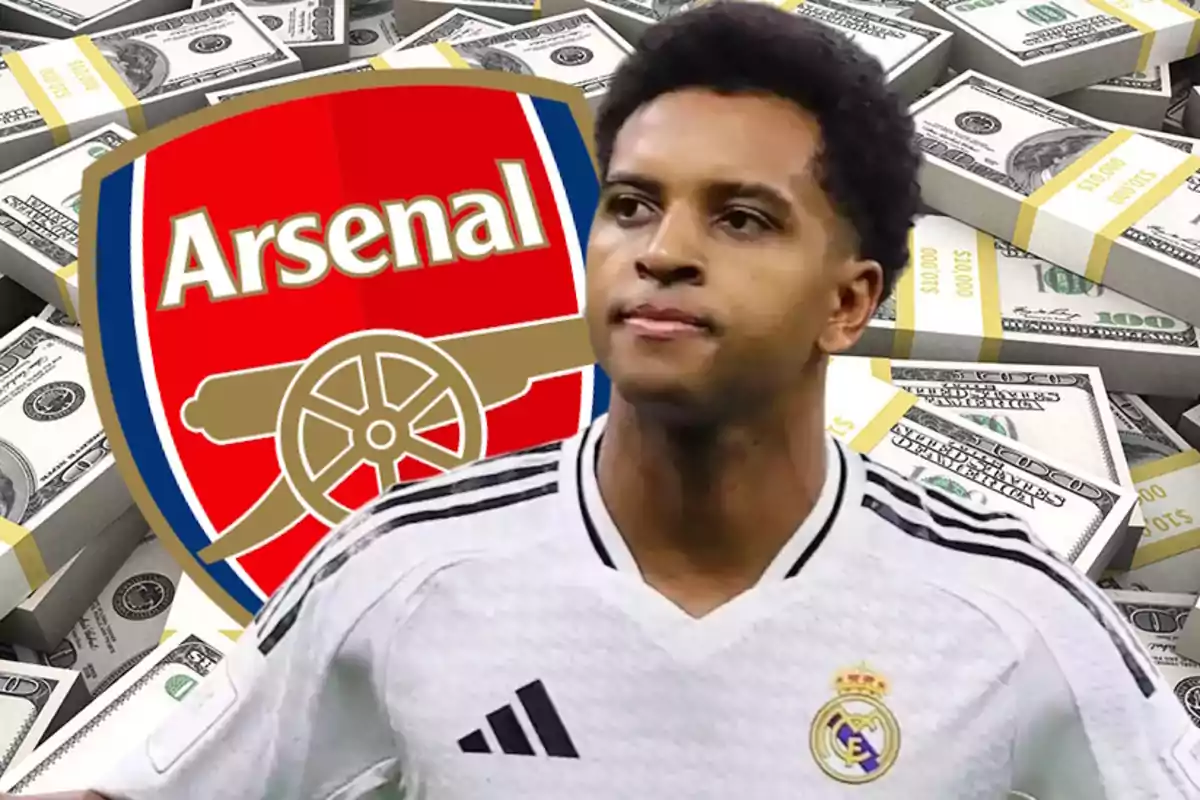 Soccer player wearing a Real Madrid jersey in front of the Arsenal crest with stacks of cash in the background