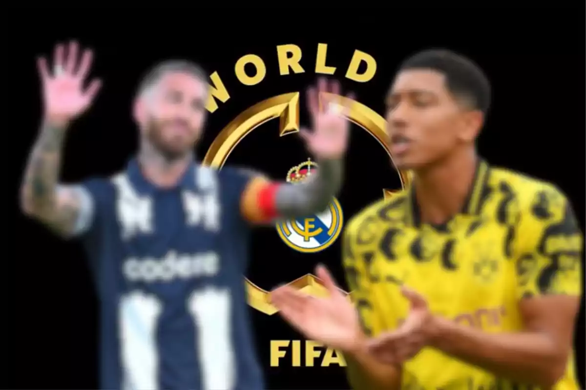 Dos futbolistas desenfocados al frente con el logo de campeón mundial de clubes de la FIFA y el escudo del Real Madrid en el centro del fondo