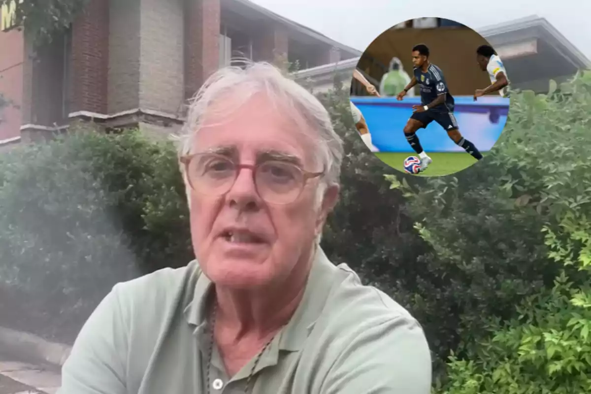 Gray-haired man with glasses wearing a light green jersey outdoors, with a brick building in the background and a circular overlay image of a player in action.