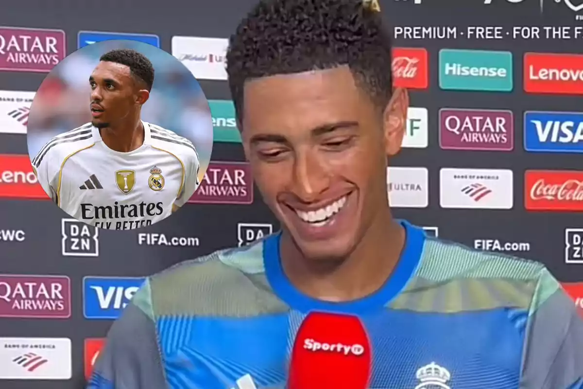Real Madrid player smiling during an interview with a red microphone and a sponsor background, with a circular overlay image of another player from the same team in a white uniform