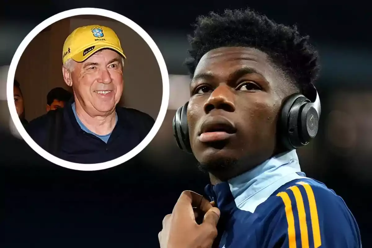A young man wearing headphones and a sports jacket looks up while, in the upper left corner, the face of an older man with a yellow cap appears inside a white circle.