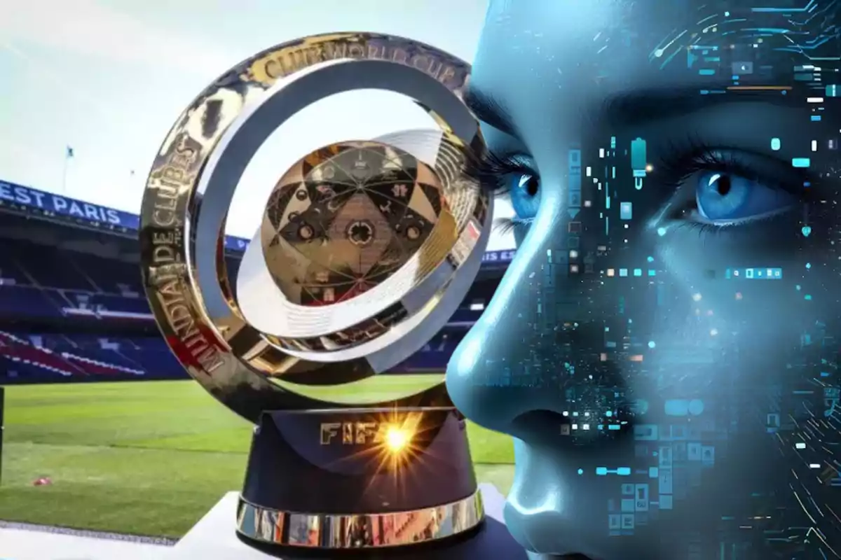 FIFA Club World Cup trophy in a stadium next to a blue digital face with technological details
