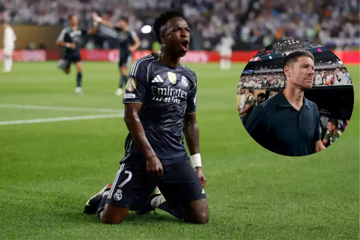 Real Madrid player celebrating a goal on his knees on the field with a circular image of a coach watching the match in the stadium.