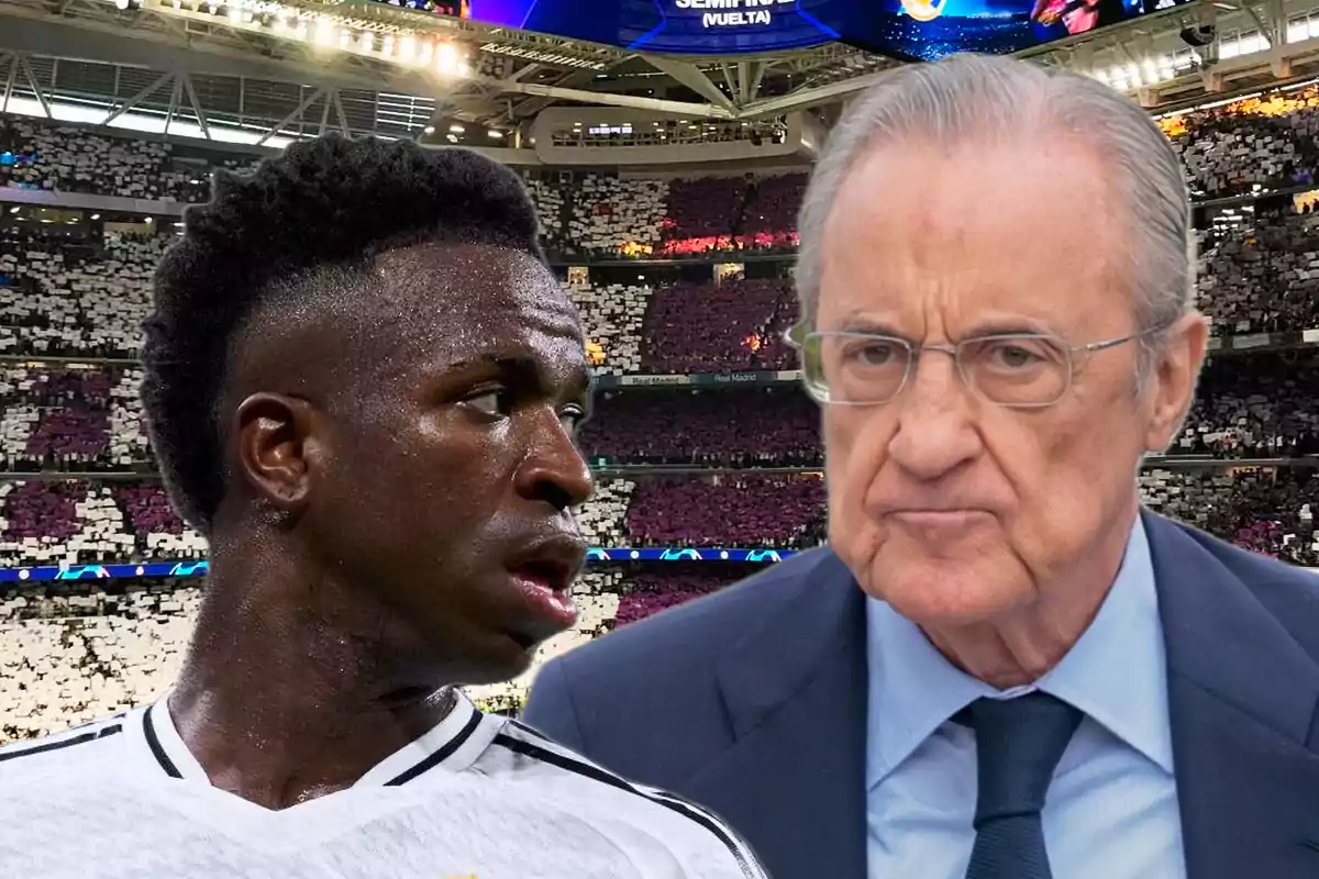 A player wearing the Real Madrid uniform and an older man with glasses and a suit appear in a stadium full of fans.