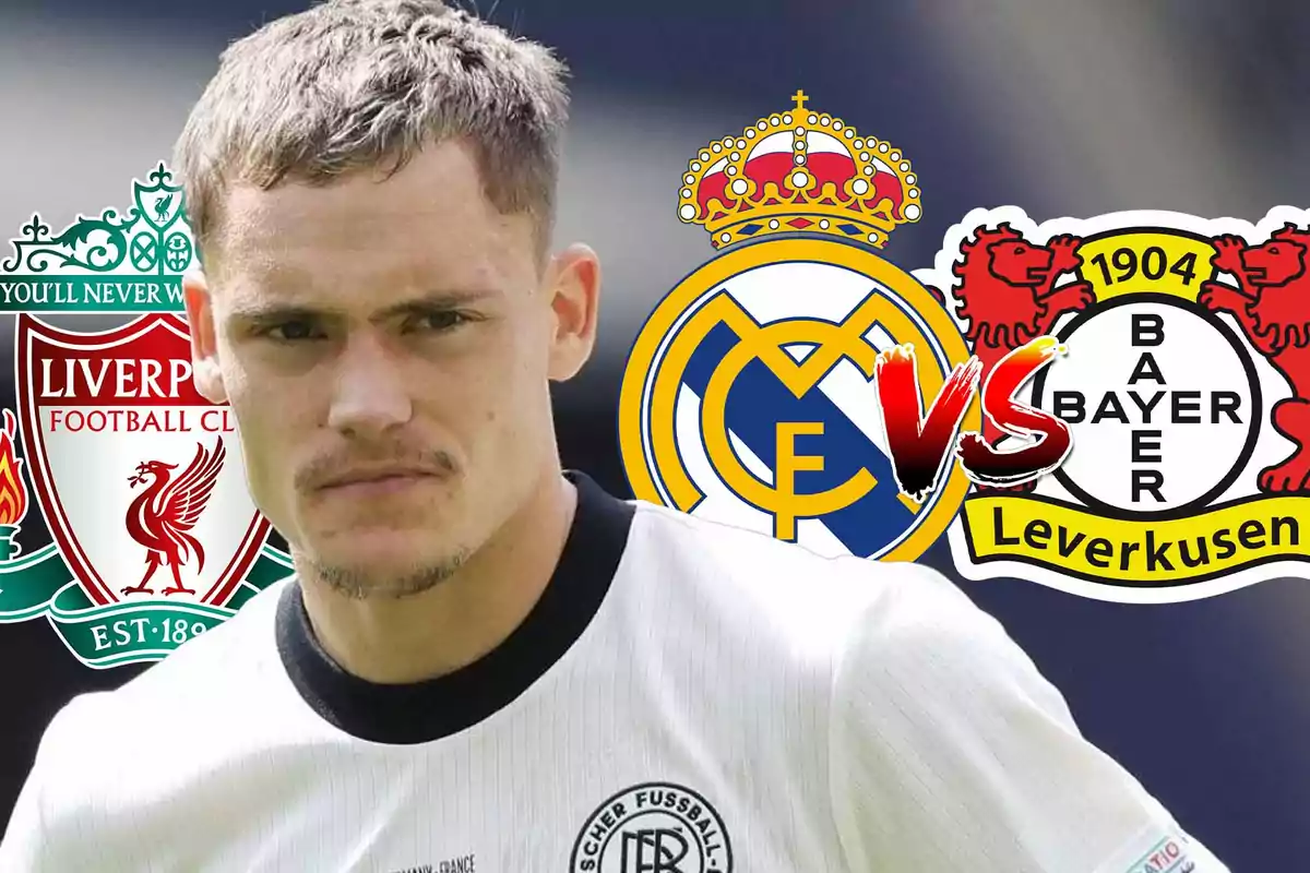 Futbolista con camiseta blanca al frente de los escudos de Liverpool, Real Madrid y Bayer Leverkusen con un texto de enfrentamiento entre los dos últimos equipos