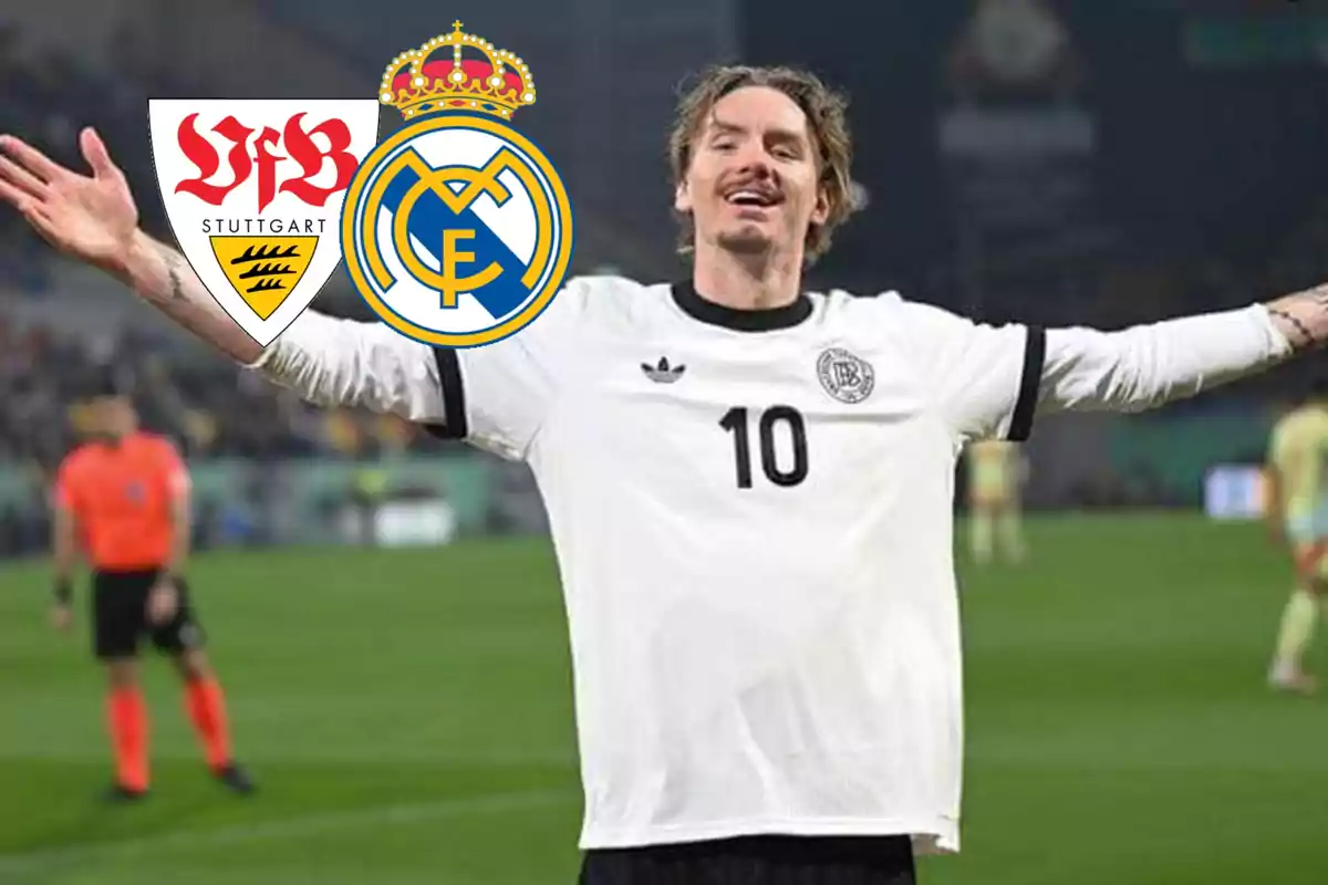 Futbolista con los brazos abiertos vistiendo un uniforme blanco con el número 10 y los escudos de Stuttgart y Real Madrid editados sobre la imagen