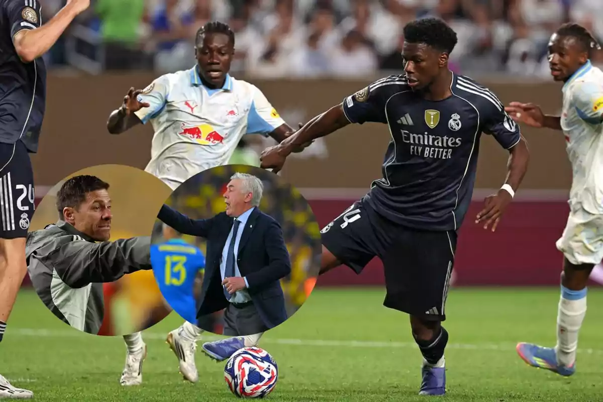 Soccer players contest the ball during a match while, in a foreground circle, two coaches are seen giving instructions from the sideline.