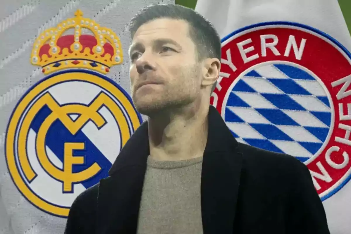 Hombre de cabello corto con expresión seria al frente de los escudos de Real Madrid y Bayern Múnich