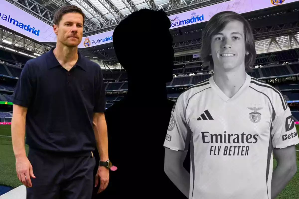 Three figures in a soccer stadium: one is a black silhouette in the center, on the left there is a man in a dark jersey, and on the right a young man in a white soccer jersey.