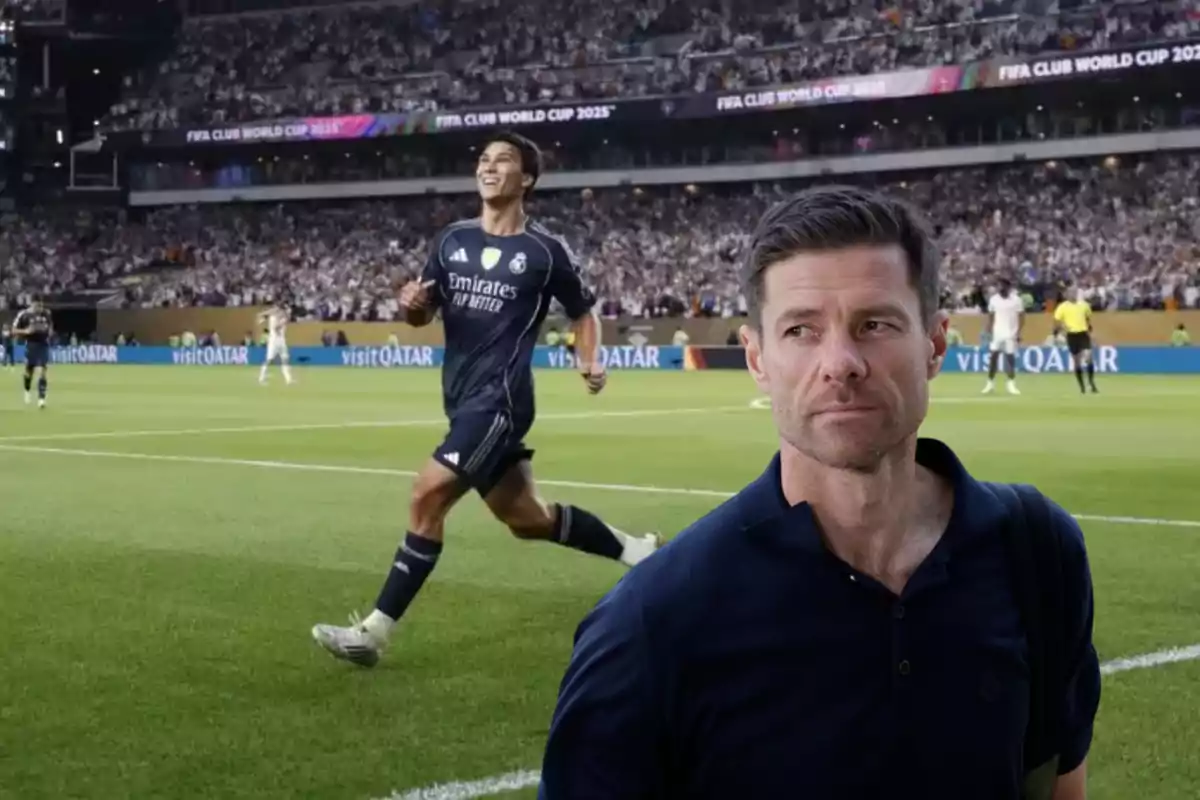 A player celebrates a goal in a packed stadium while a man with a serious expression appears in the foreground.