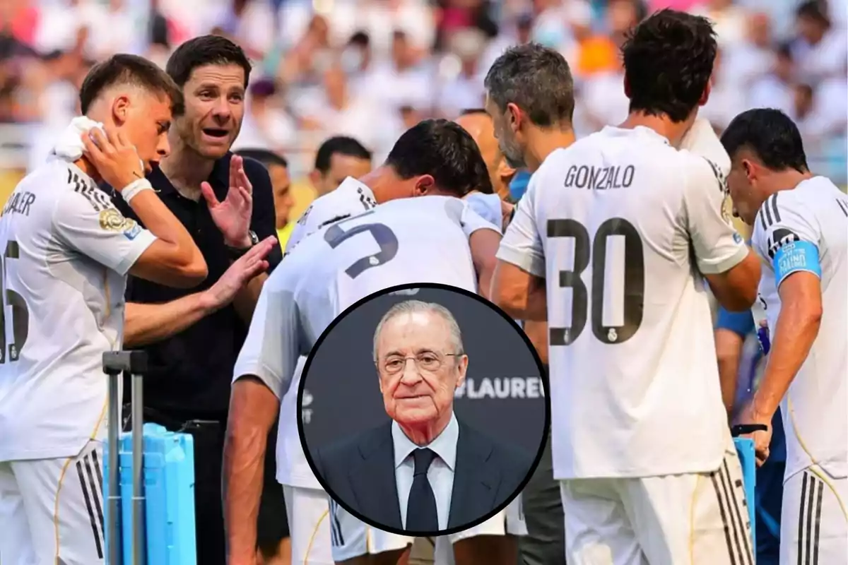 A coach gives instructions to players dressed in white during a match, and in the center of the image appears the portrait of an older man wearing glasses and a suit.