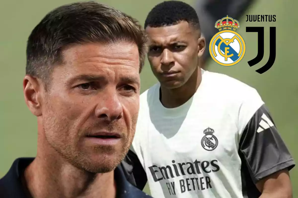 Close-up of a man with a serious expression, and in the background another man wearing a Real Madrid training jersey next to the Real Madrid and Juventus logos.