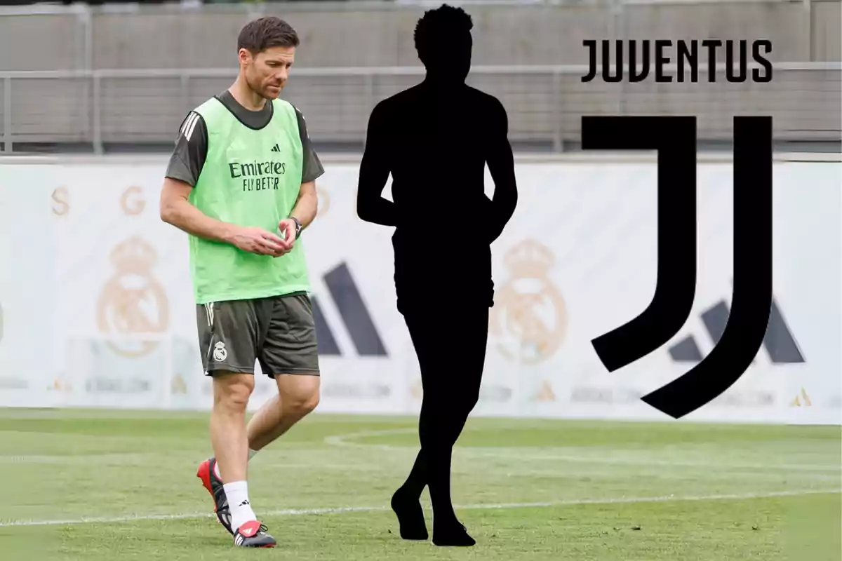 Soccer coach on the field next to the silhouette of a player and the Juventus logo