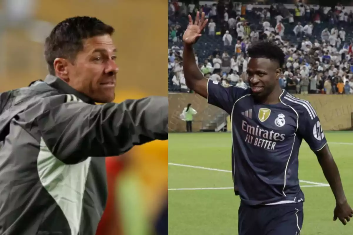 A soccer coach gives instructions while a Real Madrid player waves on the field after a match.