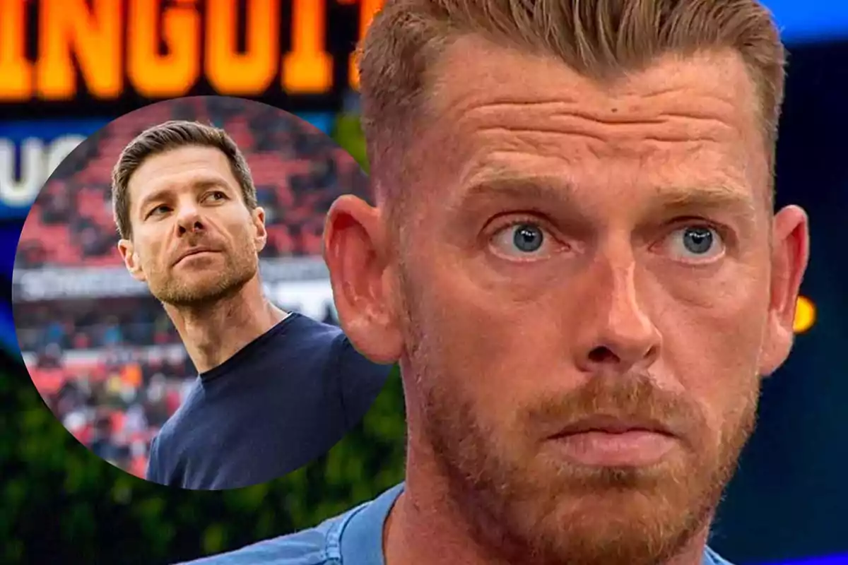 Close-up of a man with short hair and a beard with a serious expression, and in the background, a circle shows another man looking to the side in a stadium.