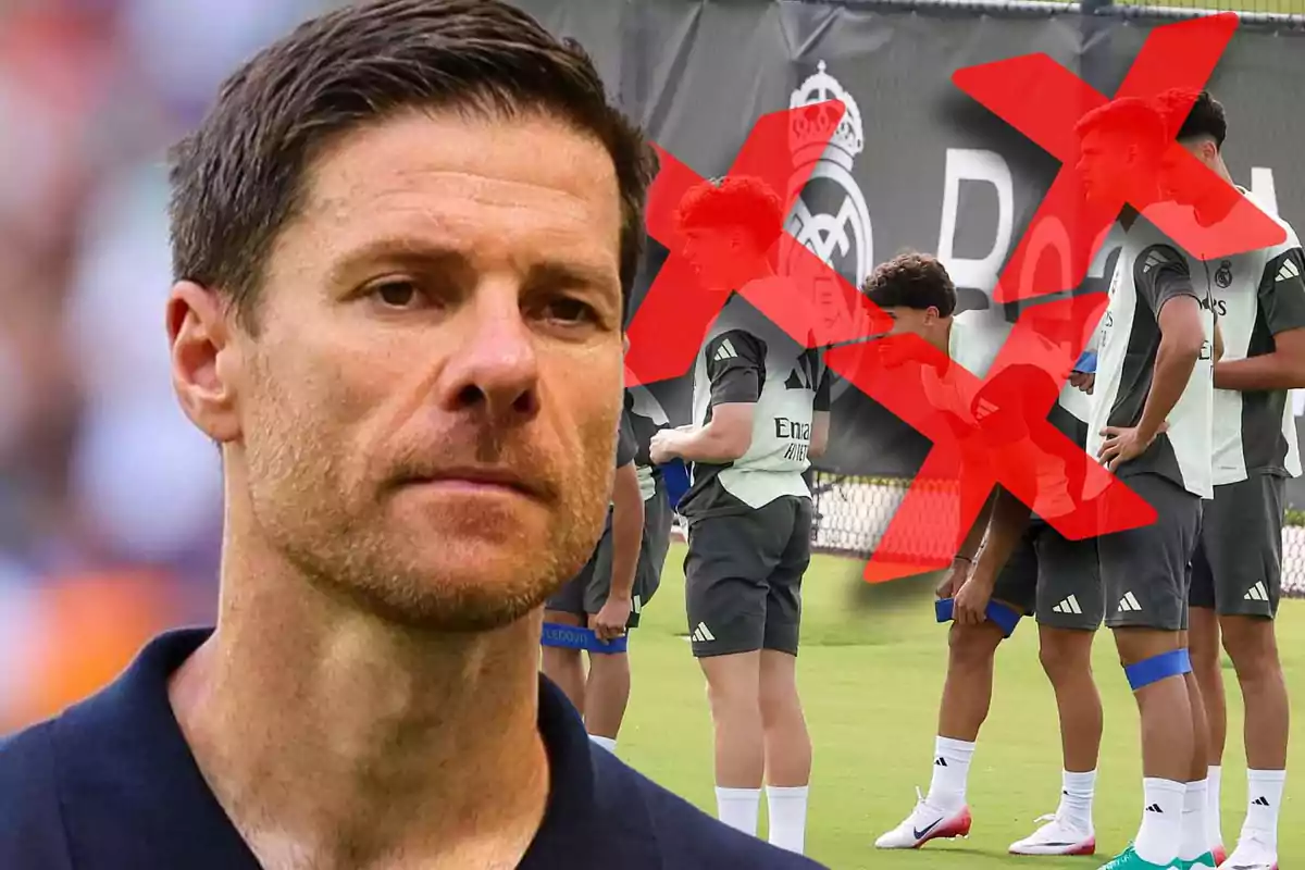 Soccer coach with a serious expression in the foreground and several players in the background crossed out with large red Xs