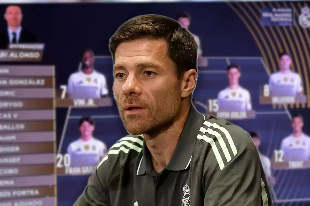 Man wearing a Real Madrid training jersey in the foreground with a blurred background of the team line-up on a screen