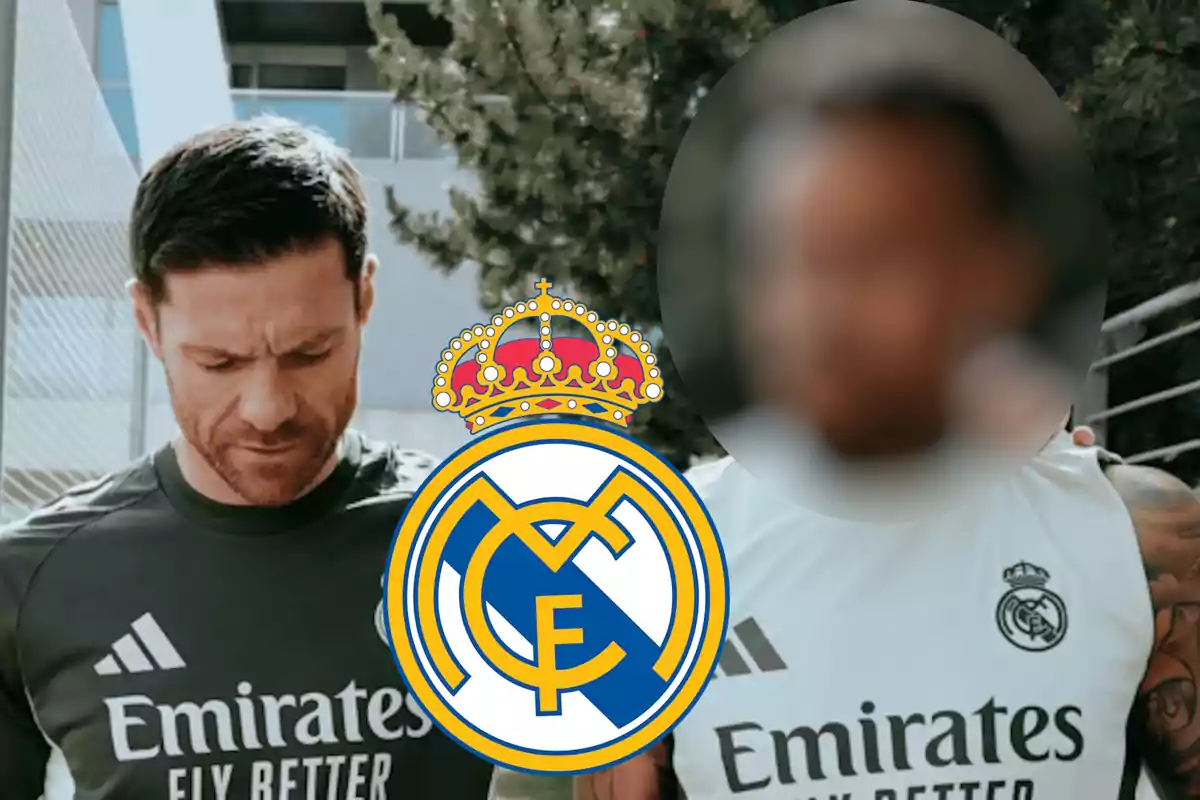 Two people wearing Real Madrid training gear, one of them with a blurred face and the club crest in the center of the image