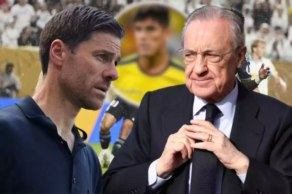 Dos hombres en primer plano con expresiones serias y un fondo borroso de un estadio de fútbol lleno de gente