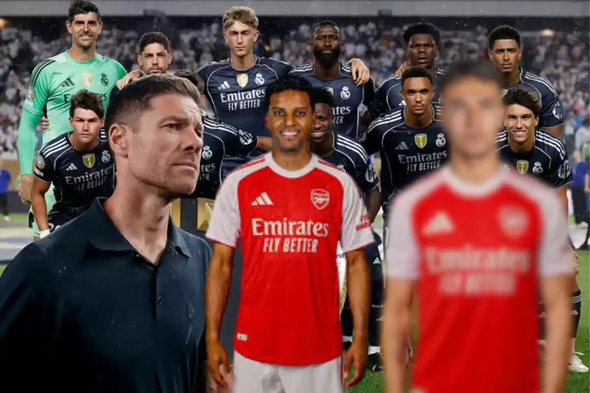 A group of Real Madrid players posing for a photo at the stadium with three figures in the foreground, one wearing an Arsenal jersey and another out of focus, as well as a man in a dark jersey on the left.
