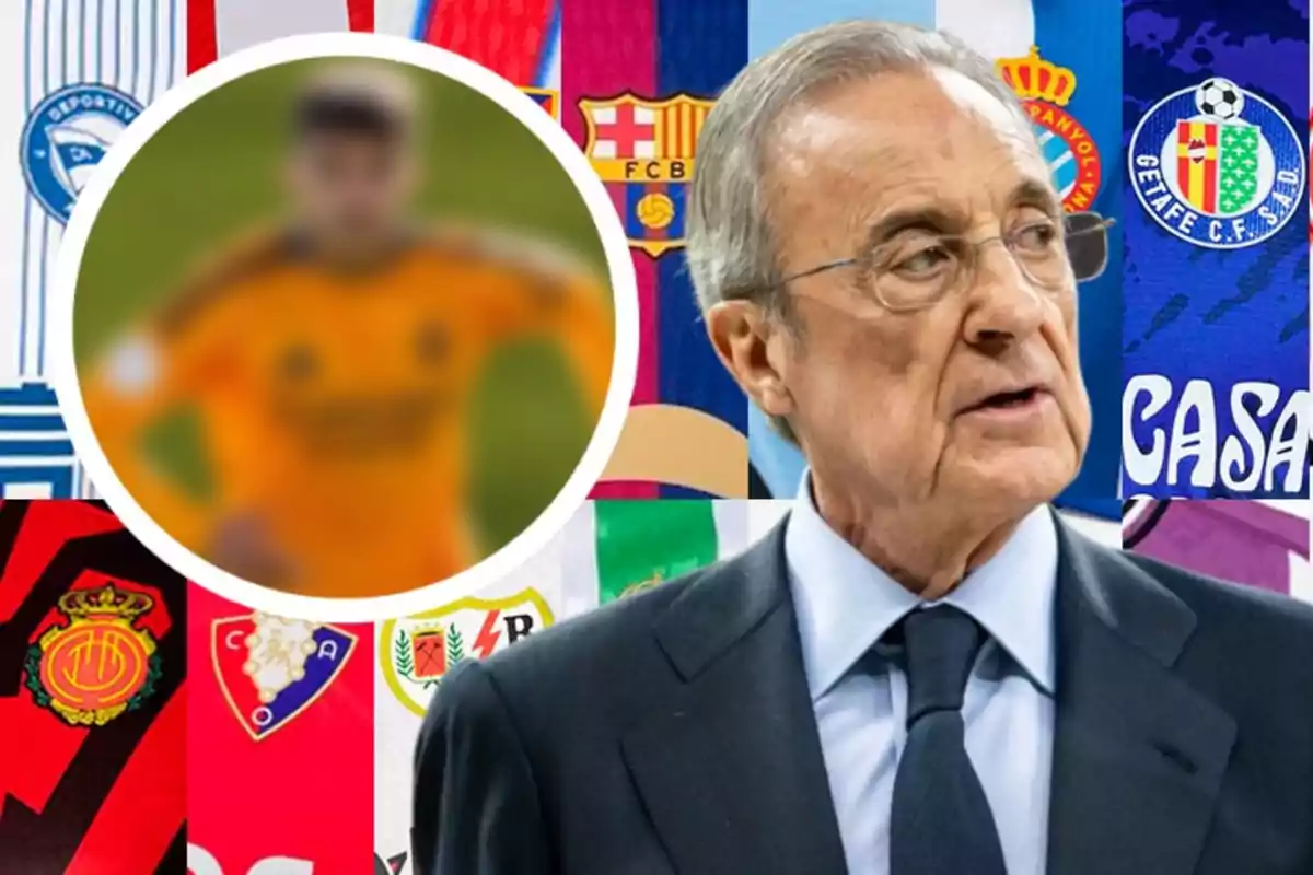 Hombre de traje con fondo de escudos de equipos de fútbol y un círculo con la imagen borrosa de un jugador