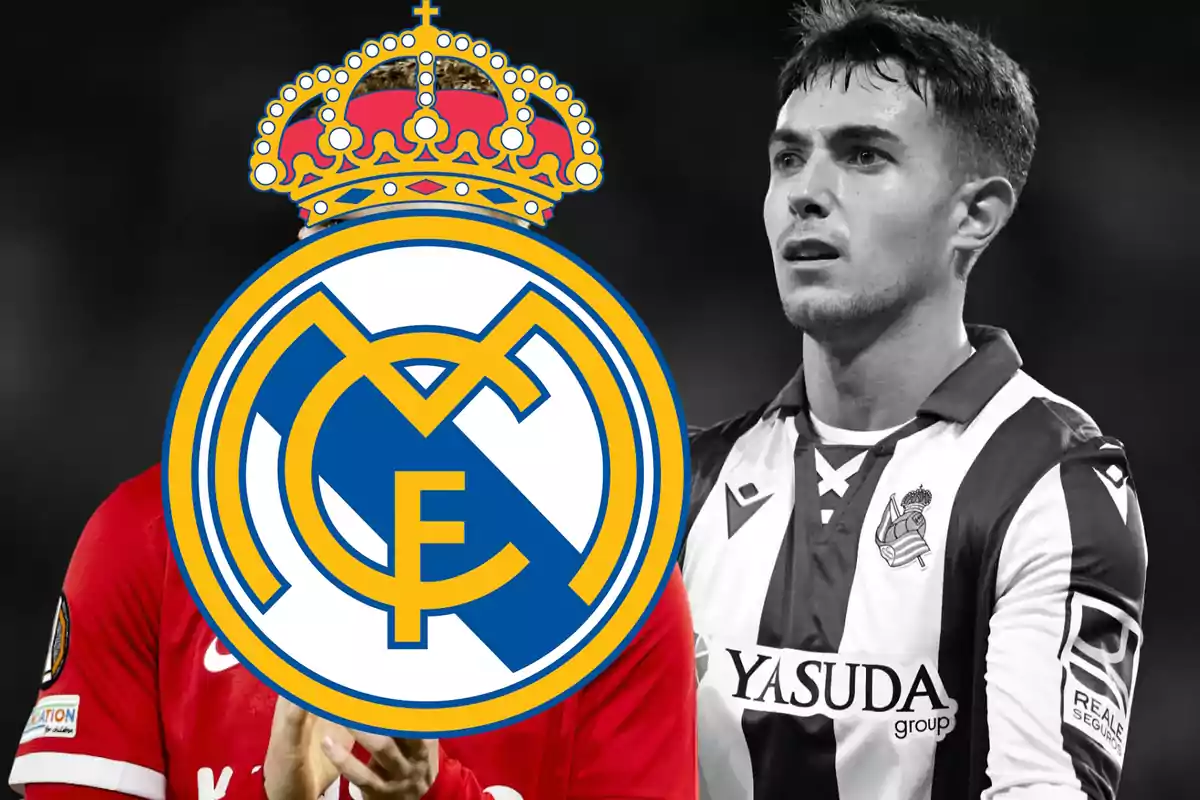 Real Sociedad player in black and white next to a large Real Madrid crest that partially covers another player