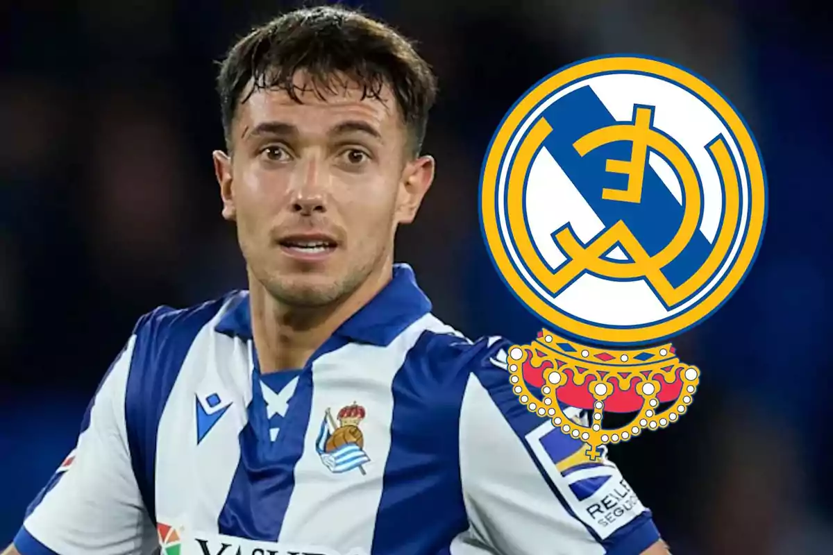 Real Sociedad player with the Real Madrid crest next to him