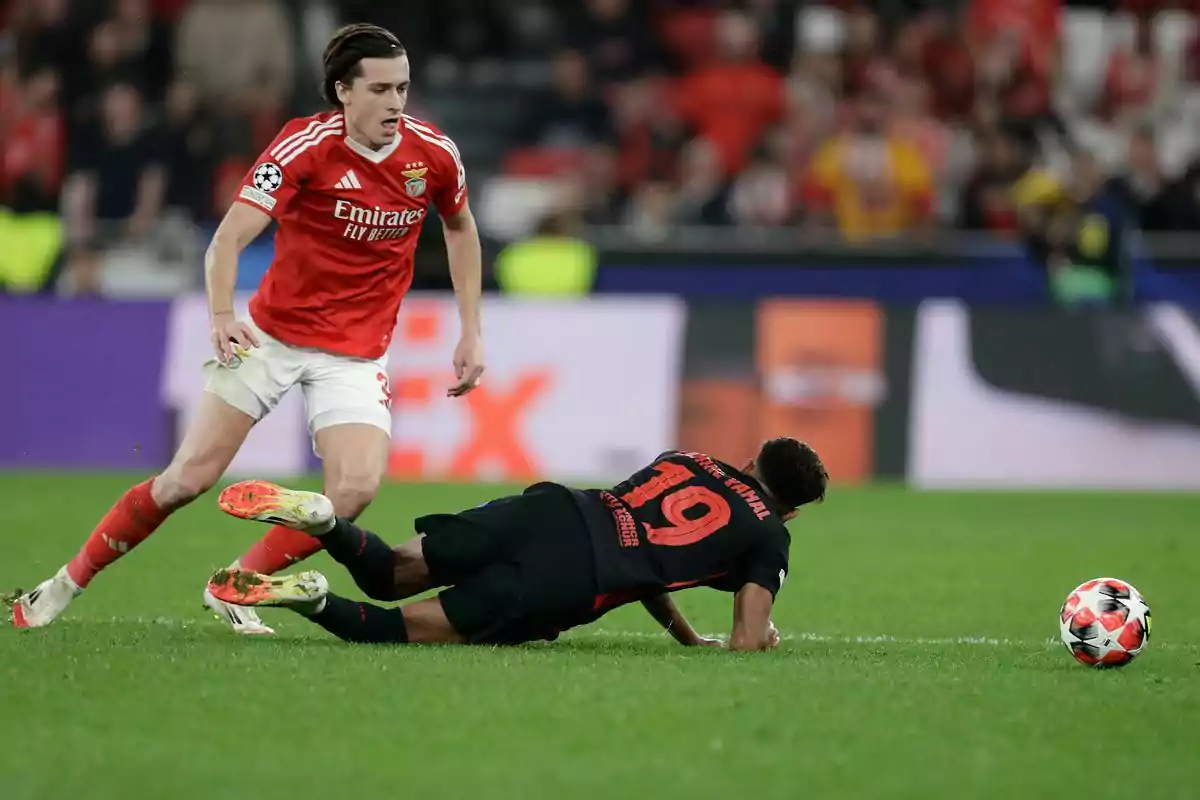 A Benfica player challenges for the ball as an opponent in a black jersey falls to the field during a soccer match. A Benfica player challenges for the ball as an opponent in a black jersey falls to the field during a soccer match.