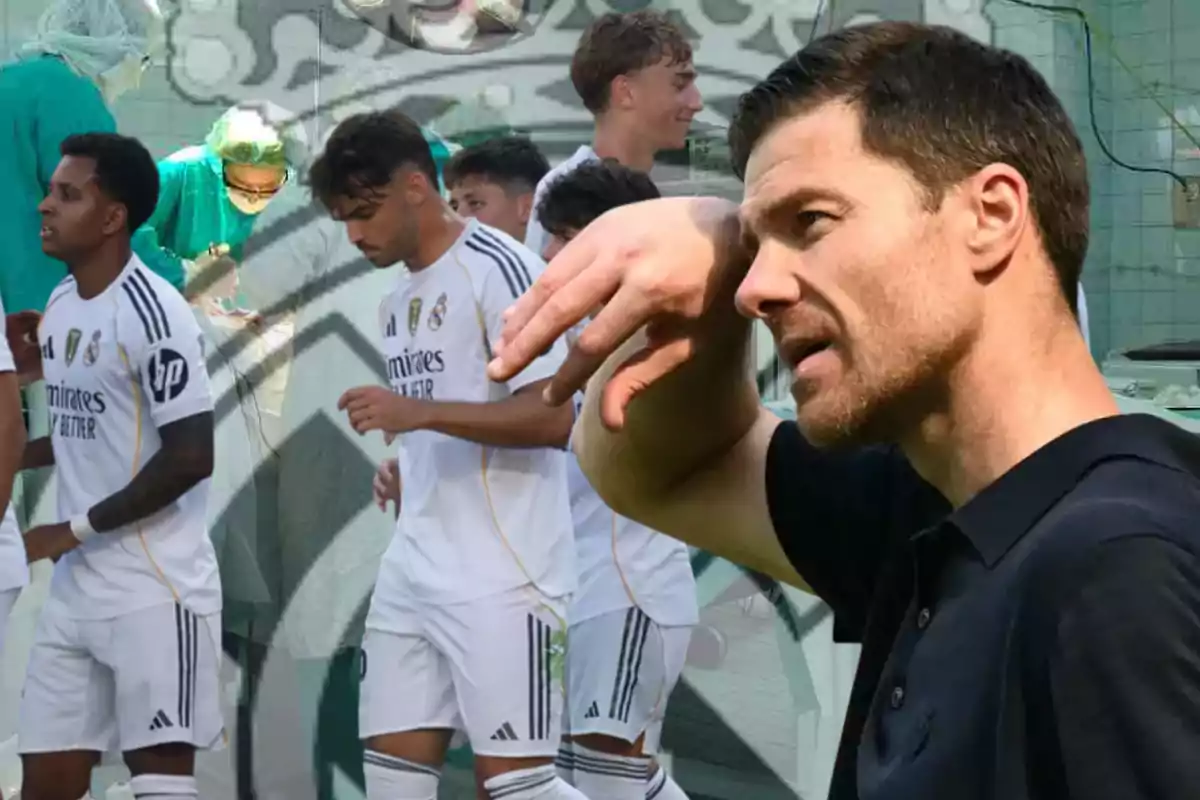 A group of Real Madrid players in white uniforms appears in the background while a man in a dark jersey is in the foreground touching his forehead, all set against an edited background that includes medical staff and the club’s crest.