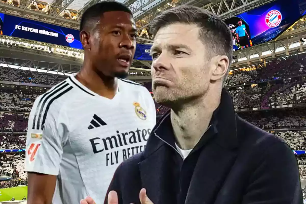 Dos personas en un estadio de fútbol con un jugador del Real Madrid y un entrenador al frente, mientras en el fondo se observa una pantalla con el logo del Bayern Múnich.