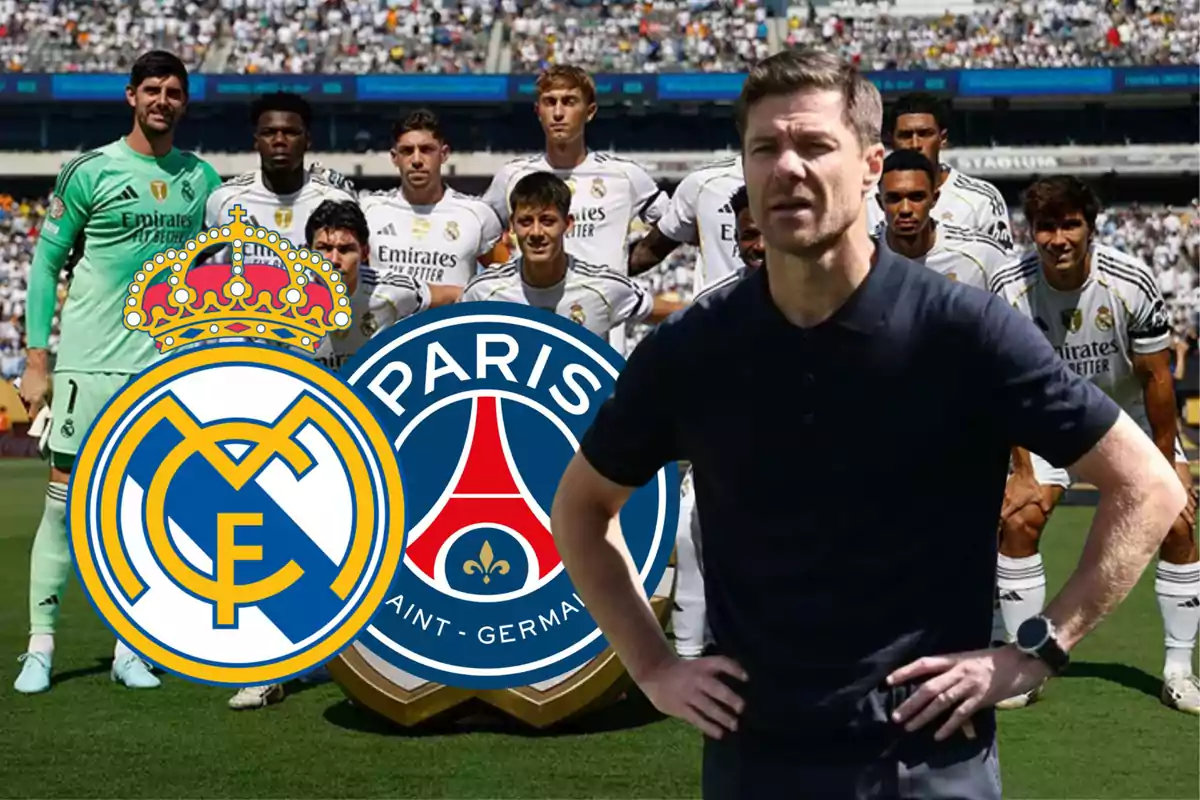 Soccer coach in the foreground with Real Madrid players in the background and the Real Madrid and PSG crests superimposed