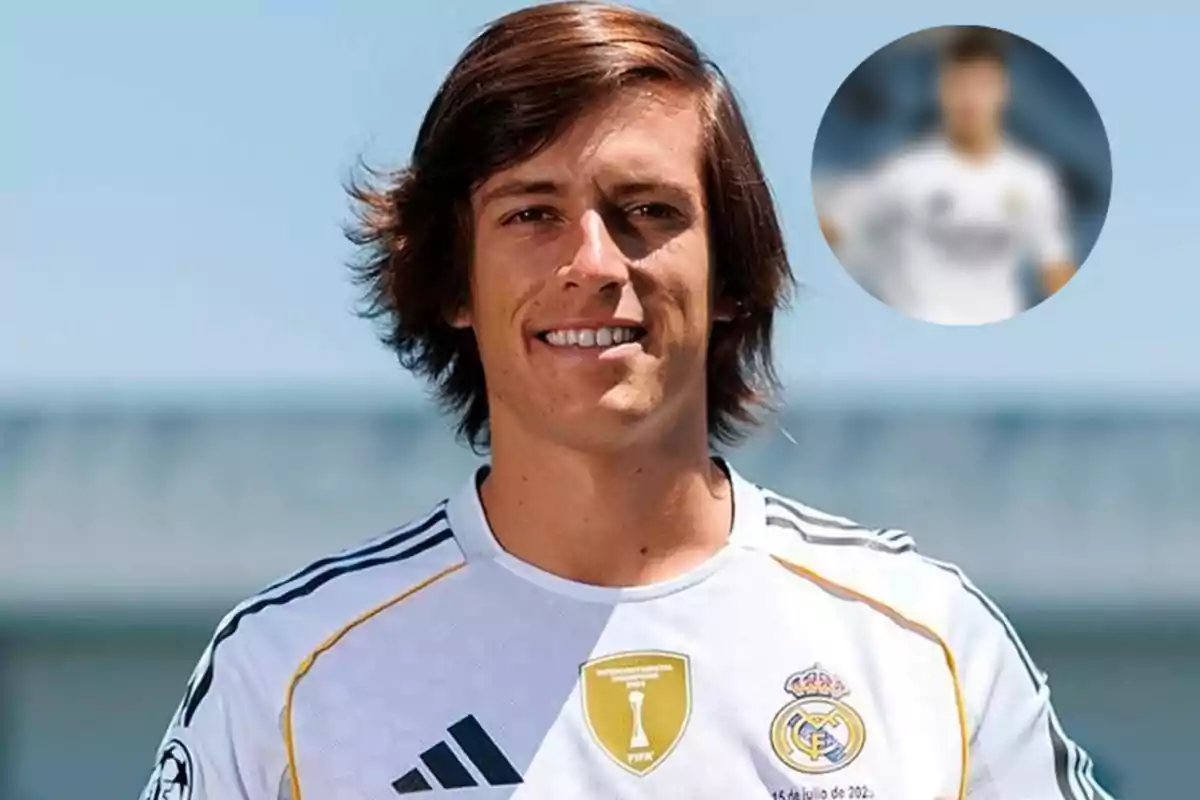 Young man with long brown hair smiles while wearing a white Real Madrid jersey with the crest and a gold patch; in the background, there is a circle with the blurred image of another person wearing the same jersey.